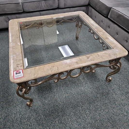 GLASS AND TRAVERTINE COFFEE TABLE BLH