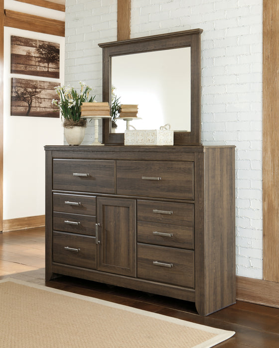 Juararo California King Panel Bed with Mirrored Dresser, Chest and 2 Nightstands