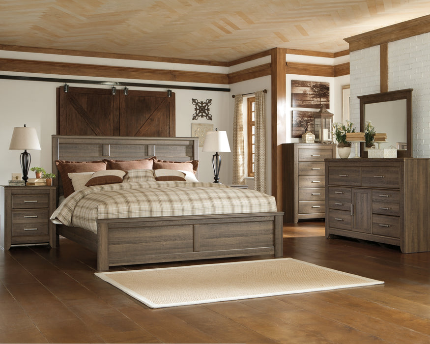 Juararo California King Panel Bed with Mirrored Dresser, Chest and Nightstand