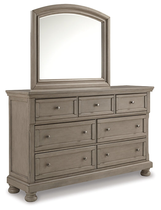 Lettner King Panel Bed with Mirrored Dresser, Chest and 2 Nightstands