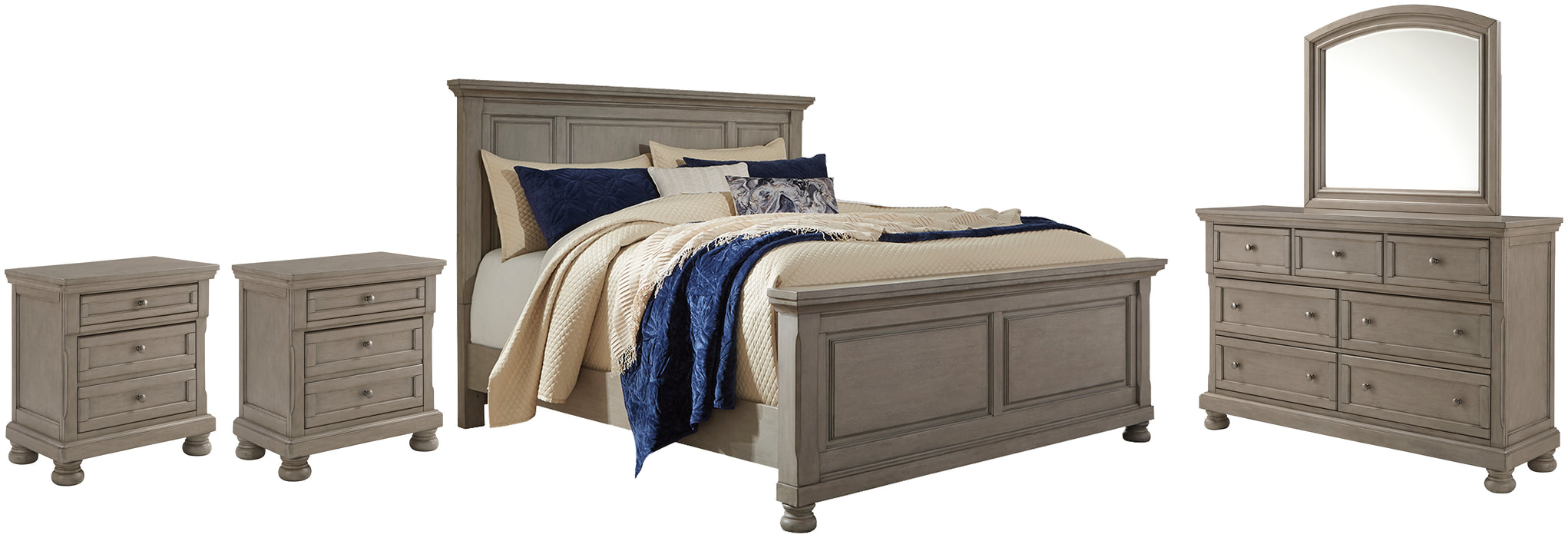 Lettner California King Panel Bed with Mirrored Dresser and 2 Nightstands