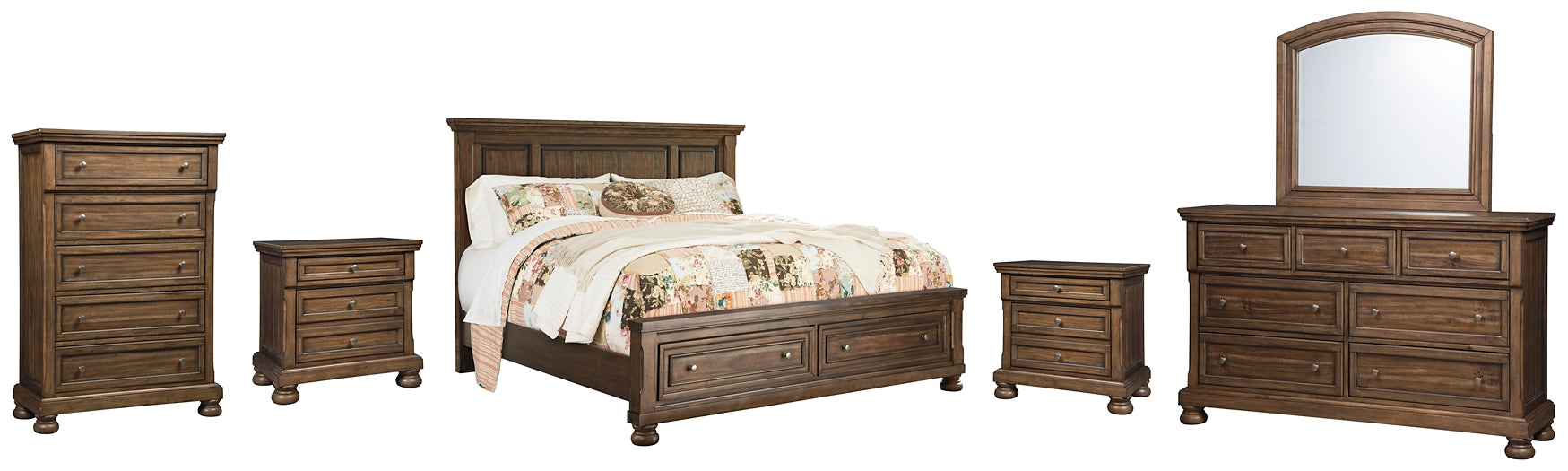 Flynnter  Panel Bed With 2 Storage Drawers With Mirrored Dresser, Chest And 2 Nightstands