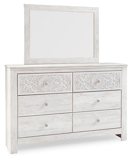 Paxberry King Panel Bed with Mirrored Dresser and 2 Nightstands