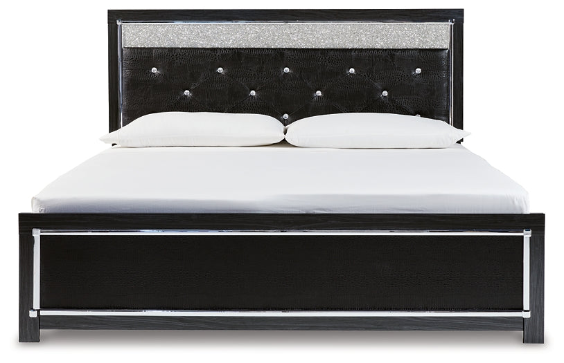 Kaydell King Upholstered Panel Platform Bed with Mirrored Dresser, Chest and Nightstand