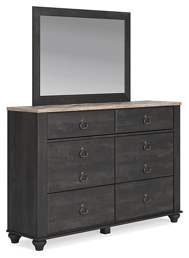 Nanforth Queen Panel Headboard with Mirrored Dresser and Chest