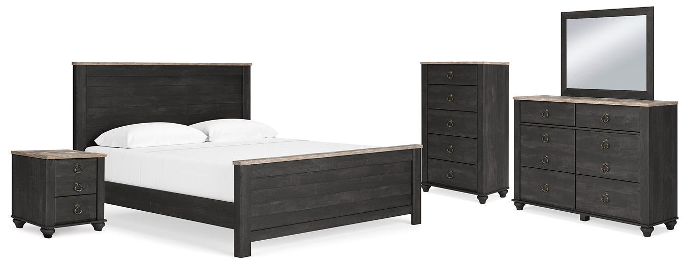 Nanforth King Panel Bed with Mirrored Dresser, Chest and Nightstand